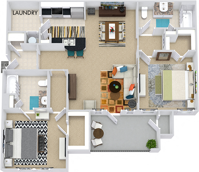 Floor plan for 2 beds, 2 baths, 1074 sqft